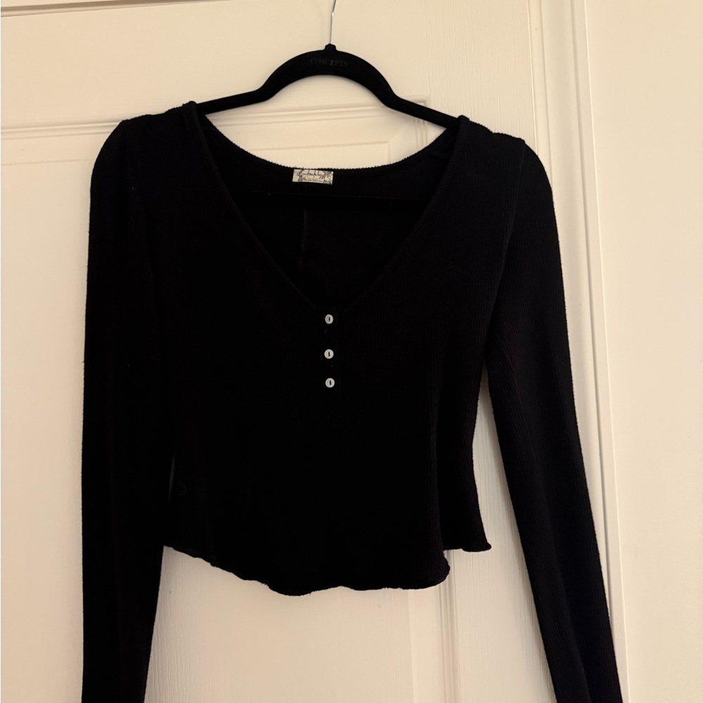 Free People Black V-Neck Buttoned Blouse